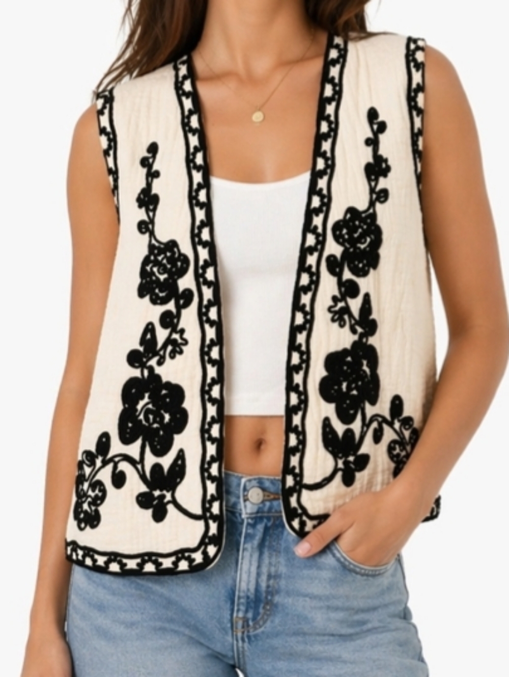 Cider Embroidered Cream & Black Floral Vest New 0XL